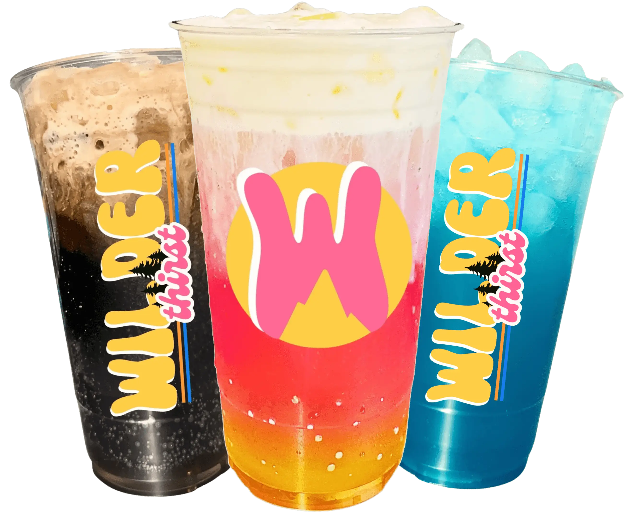 Three colorful drinks in branded cups.